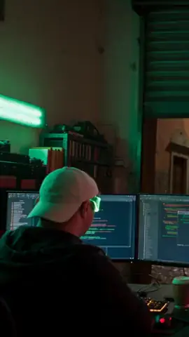 Francesco di notte in officina che programma davanti a due schermi, la serranda mezza aperta sulla strada bagnata